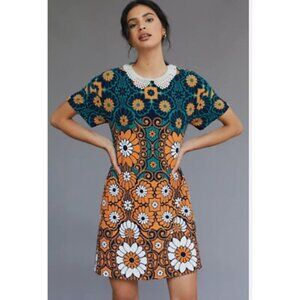 Anthropologie Maeve Floral Shift Mini Dress Mod Blue Green Size M Pockets Casual